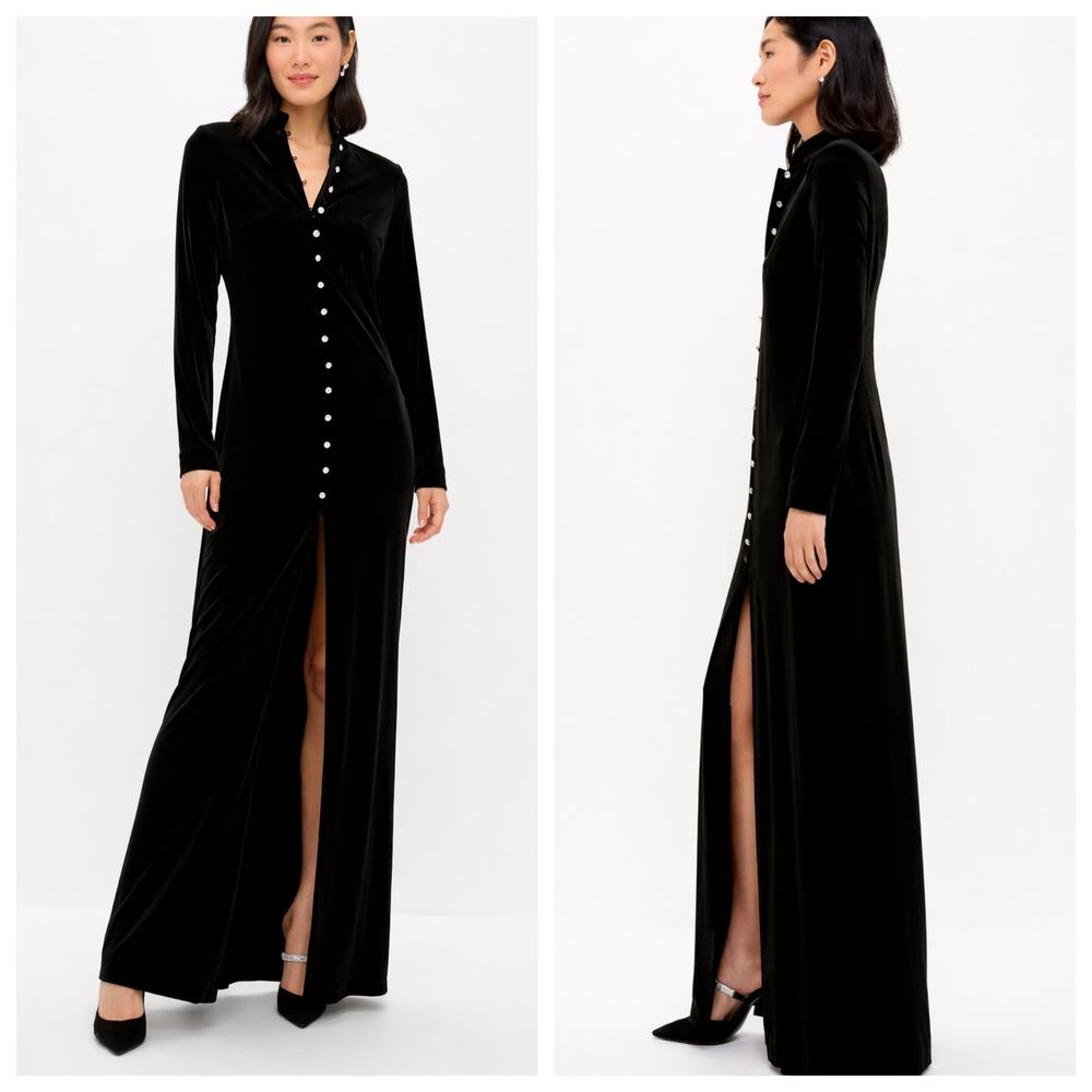 NWT Tuckernuck Loretta Black Velvet Maxi Dress XXL Button Front Slit Gown